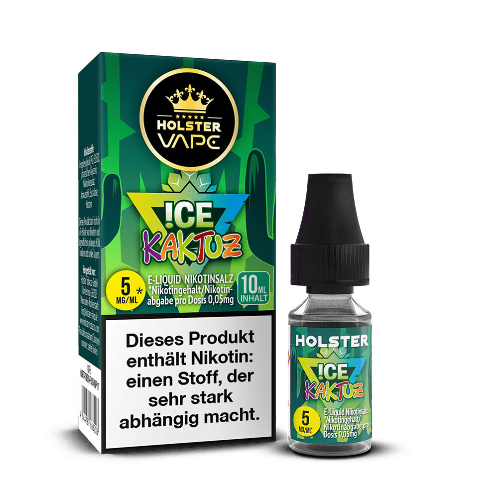 Holster Nikotinsalz - Ice Kaktuz Verpackung und Fläschchen von Holster Nikotinsalz Ice Kaktuz 5mg, Warnhinweis auf Suchtgefahr, 10 ml Inhalt sichtbar