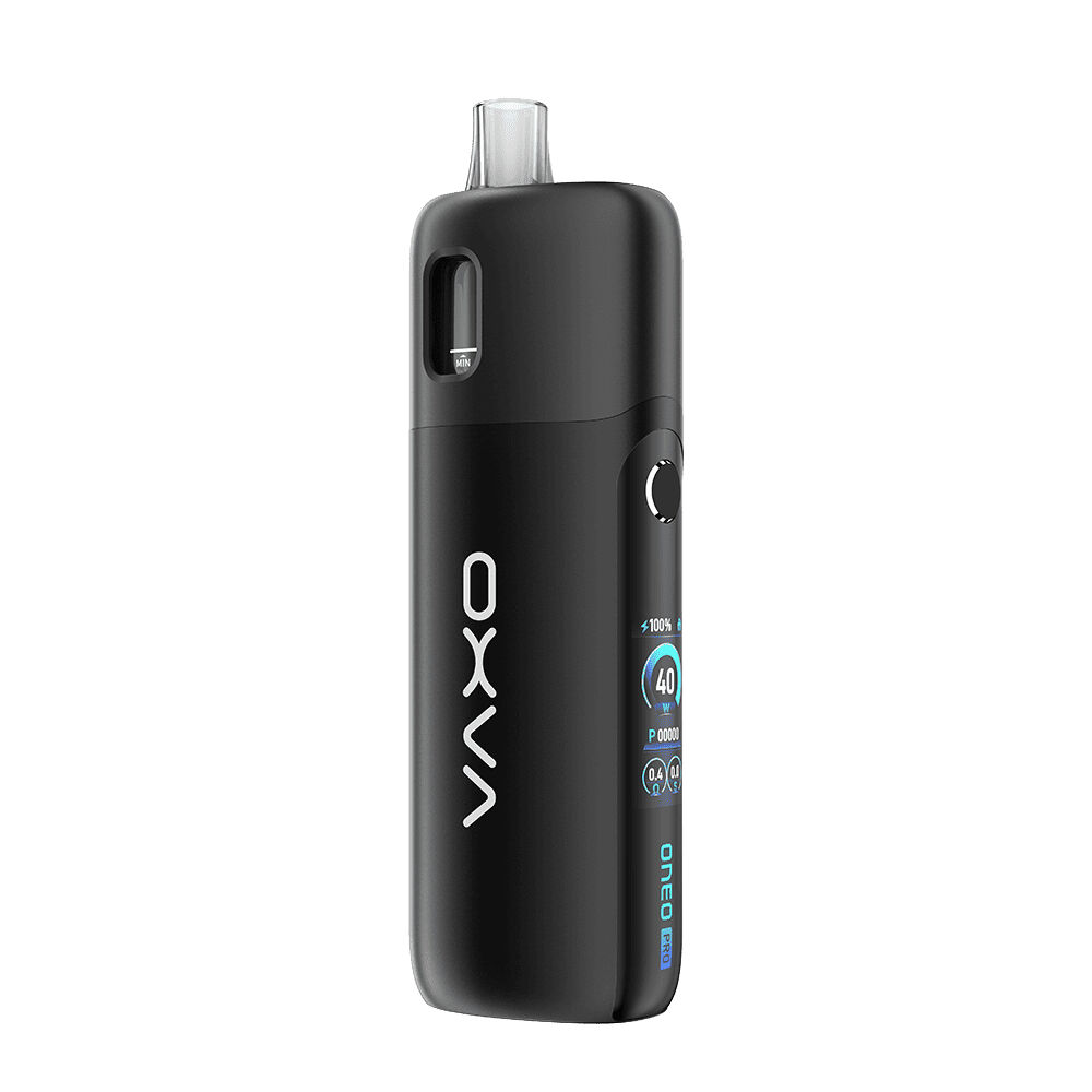 Oxva Oneo Pro Pod Kit Schwarzes Oxva Oneo Pro Pod Kit mit digitaler Anzeige und klarem Mundstück, Branding "Oxva" seitlich sichtbar.