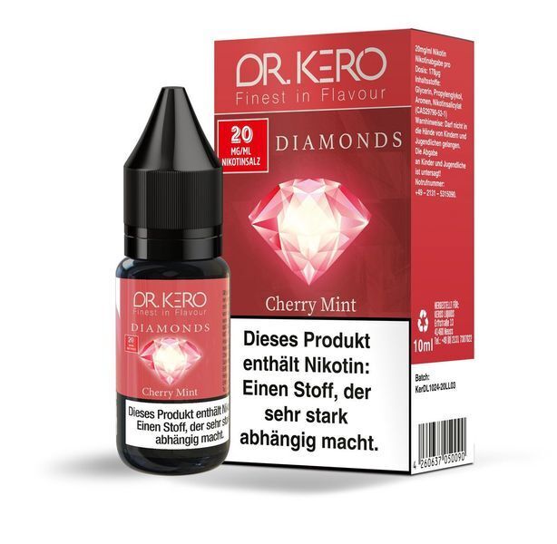 Liquid Cherry Mint von Dr. Kero Diamonds v2 E-Liquid-Flasche und Verpackung von Dr. Kero Cherry Mint mit 20 mg/ml Nikotinsalz, Warnhinweis auf Suchtgefahr, Produktaufdruck.