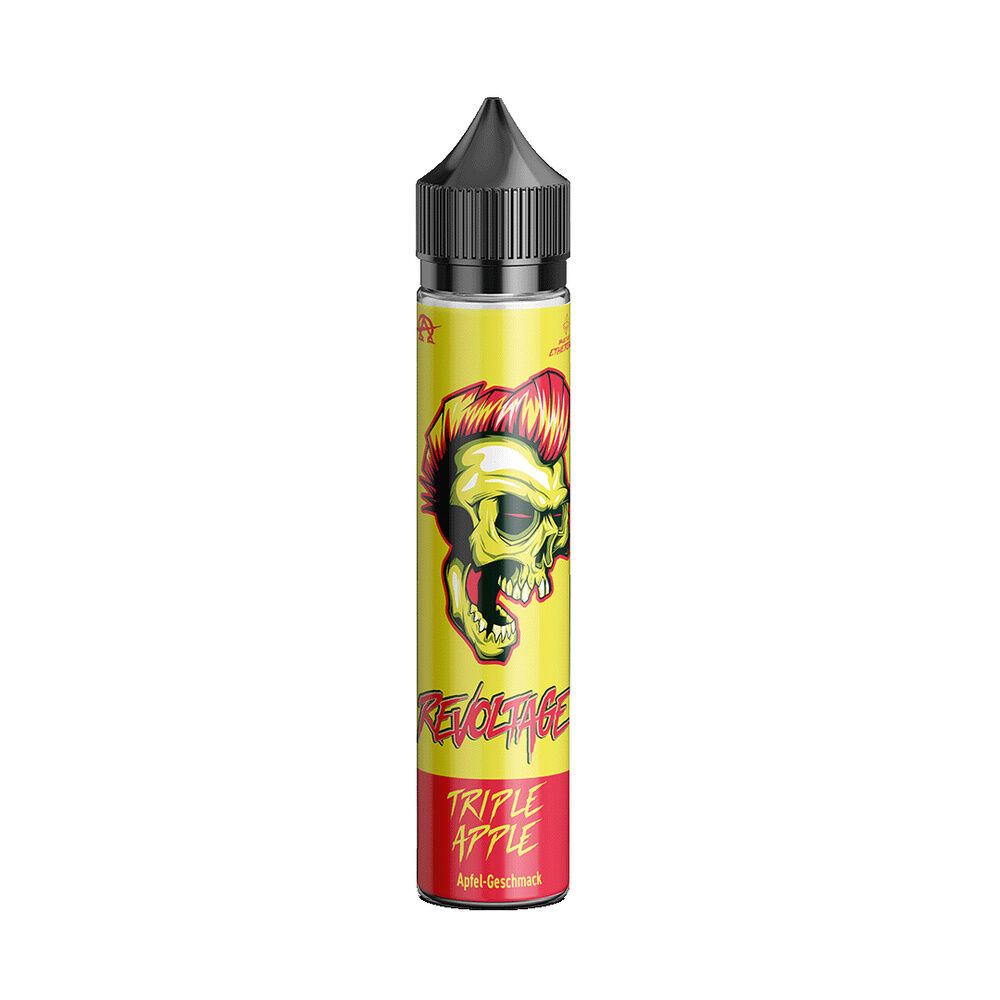 Revoltage Longfill Aroma Flasche mit Totenkopf und rotem Schriftzug, gelbes und rotes Design mit Triple Apple und Apfel-Geschmack Textelementen