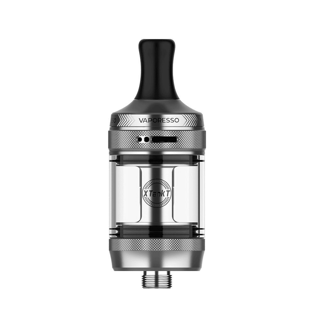 Vaporesso X Tank in Silber mit schwarzem Mundstück, durchsichtigem Tank und sichtbarem Schriftzug "X Tank" auf der Metallkammer