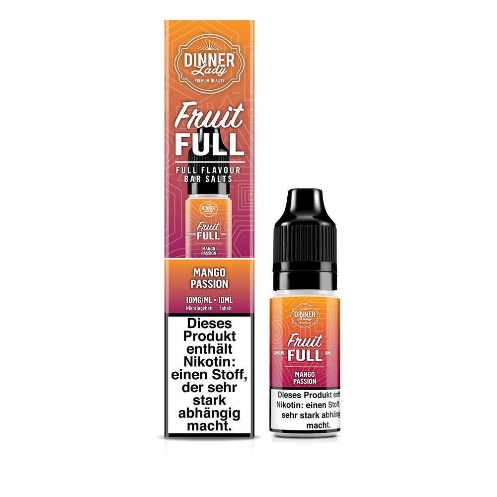 Liquid Mango Passion mit 10mg Nikotin von Dinner Lady Fruit Full Dinner Lady Nikotinsalz Mango Passion, 10mg Flasche und Verpackung mit Warnhinweis über Nikotinsucht.