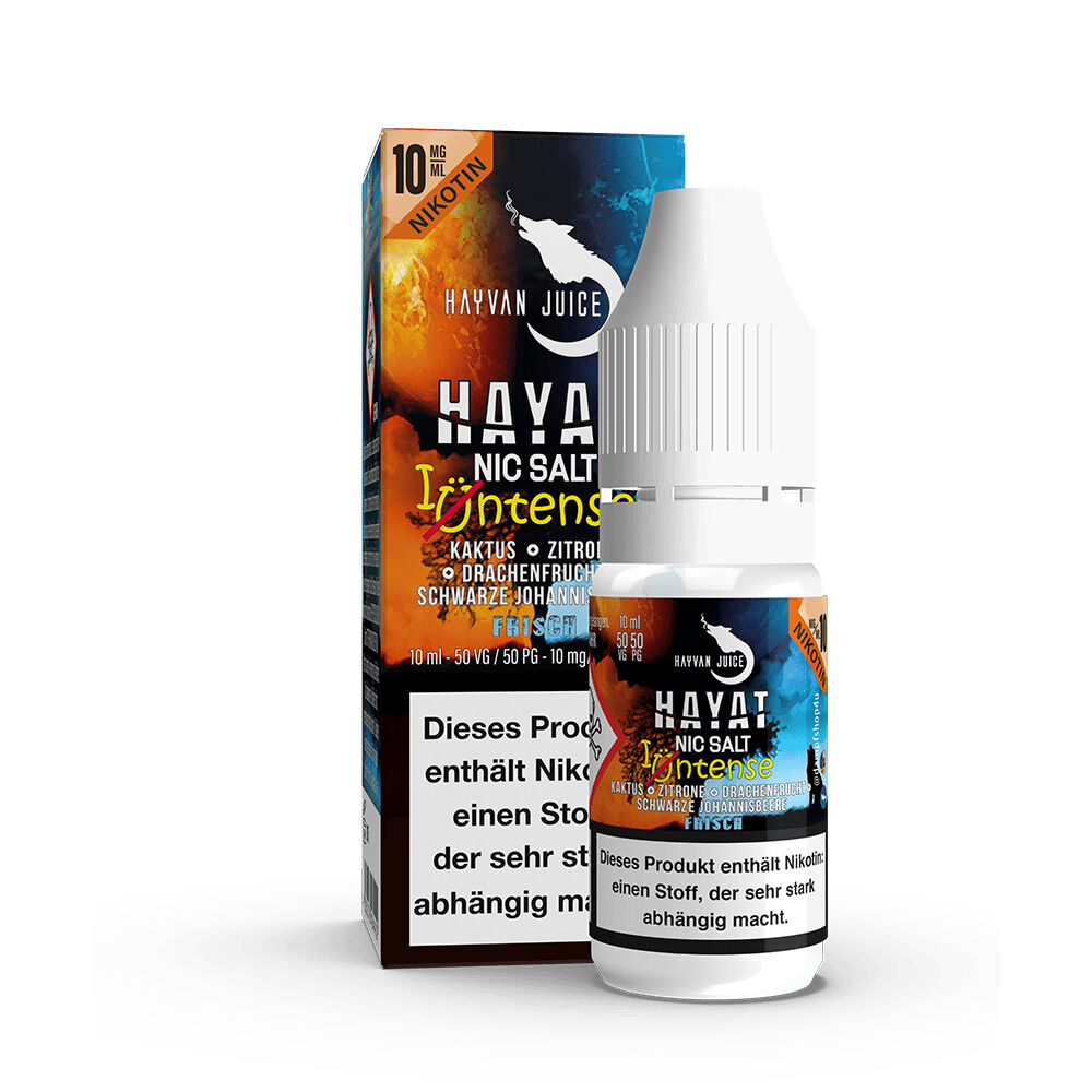 Hayvan Juice Nikotinsalz - Hayat 10mg Hayvan Juice Intense Nikotinsalz Hayat Packung und Flasche mit 10 mg/ml Nikotin, Geschmacksrichtungen Kaktus, Zitrone, Drachenfrucht und schwarze Johannisbeere.