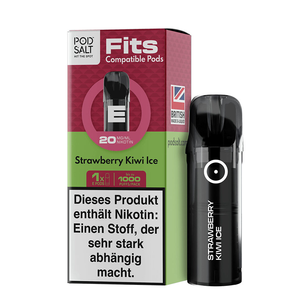 Pod Salt Fits Pods - Strawberry Kiwi Ice 20mg Pod Salt Fits Pods Strawberry Kiwi Ice 20mg Verpackung und Pod mit Warnhinweis über Nikotingehalt, britisch hergestellt.