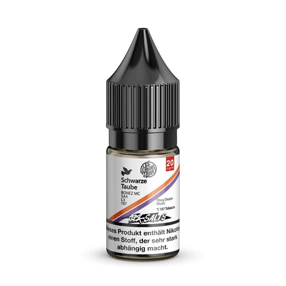 187 Strassenbande Liquid - Schwarze Taube 20mg E-Liquid-Flasche "187 Strassenbande Liquid - Schwarze Taube" mit schwarzem Deckel, 20 mg/ml Nikotingehalt, enthält Warnhinweis.