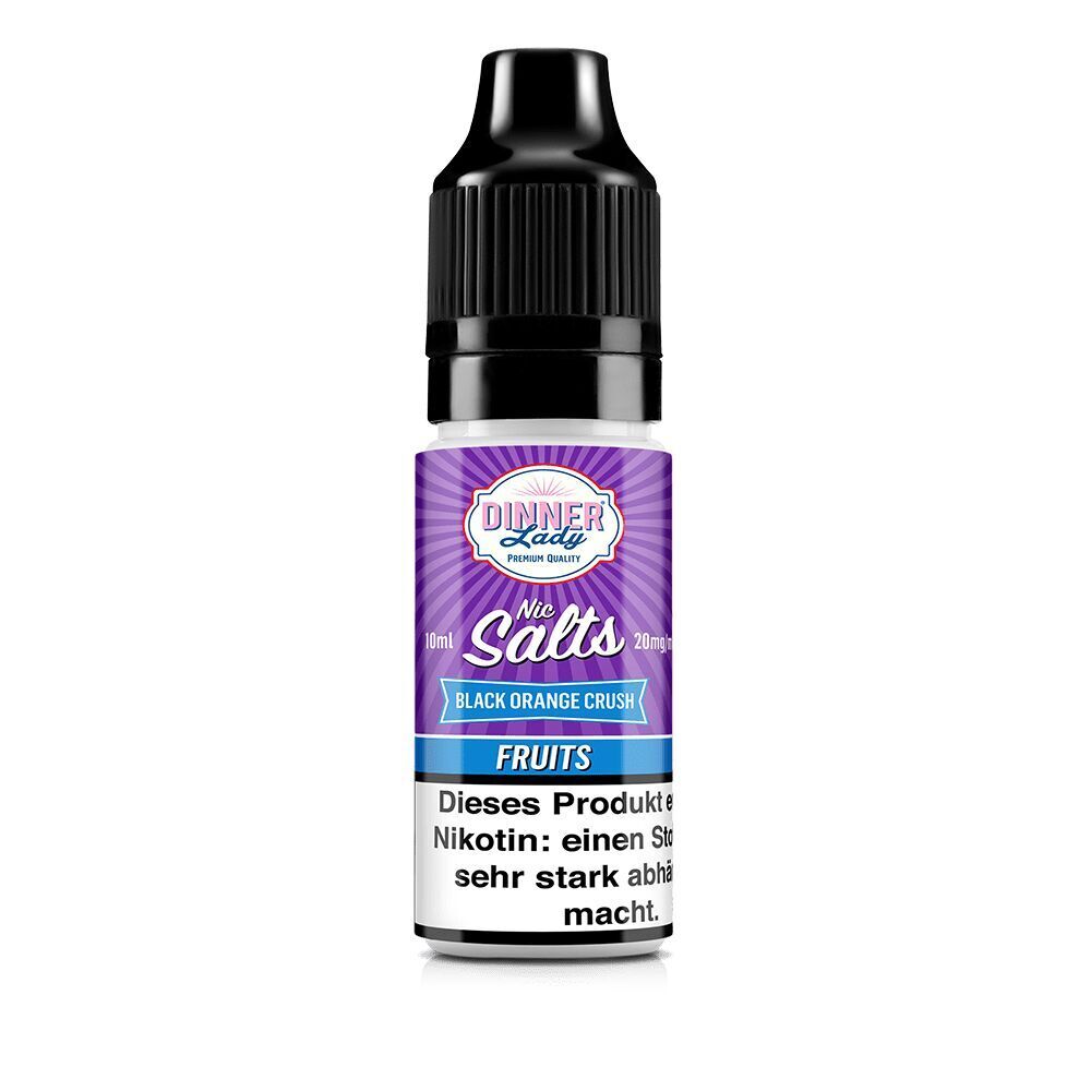 Dinner Lady Nikotinsalz Black Orange Crush 20mg Flasche mit lila Etikett, 10ml, Warnhinweis zu Nikotin auf dem Etikett.