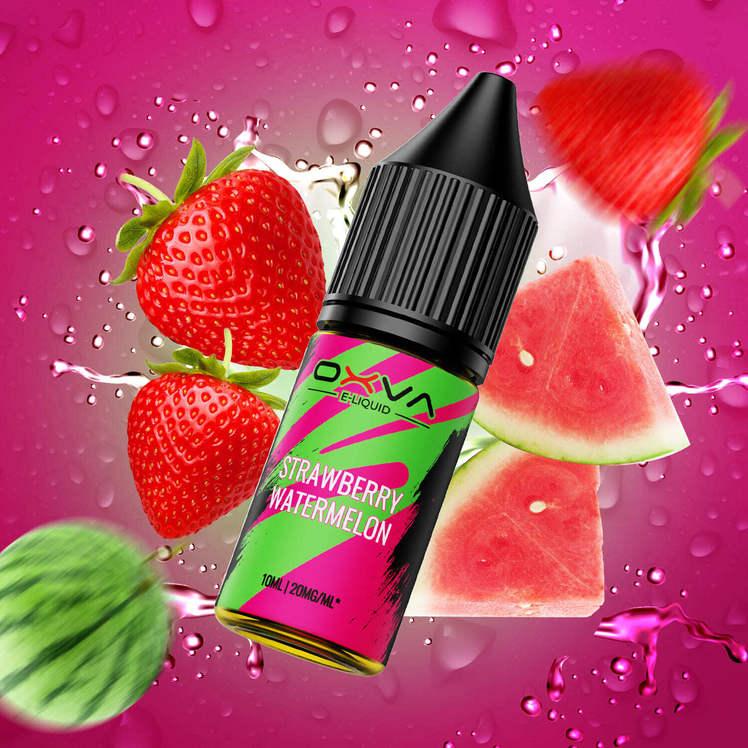 Oxva eLiquid-Flasche mit schwarzem Tropfverschluss, umgeben von Erdbeeren, Wassermelonenstücken und Wassertropfen auf pinkem Hintergrund.
