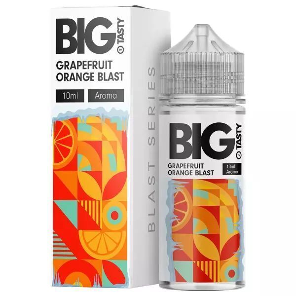 Aroma Grapefruit Orange Blast von Big Tasty Big Tasty Grapefruit Orange Blast Aroma, 10ml Flasche und Verpackung mit bunten Früchte- und Grafikmustern