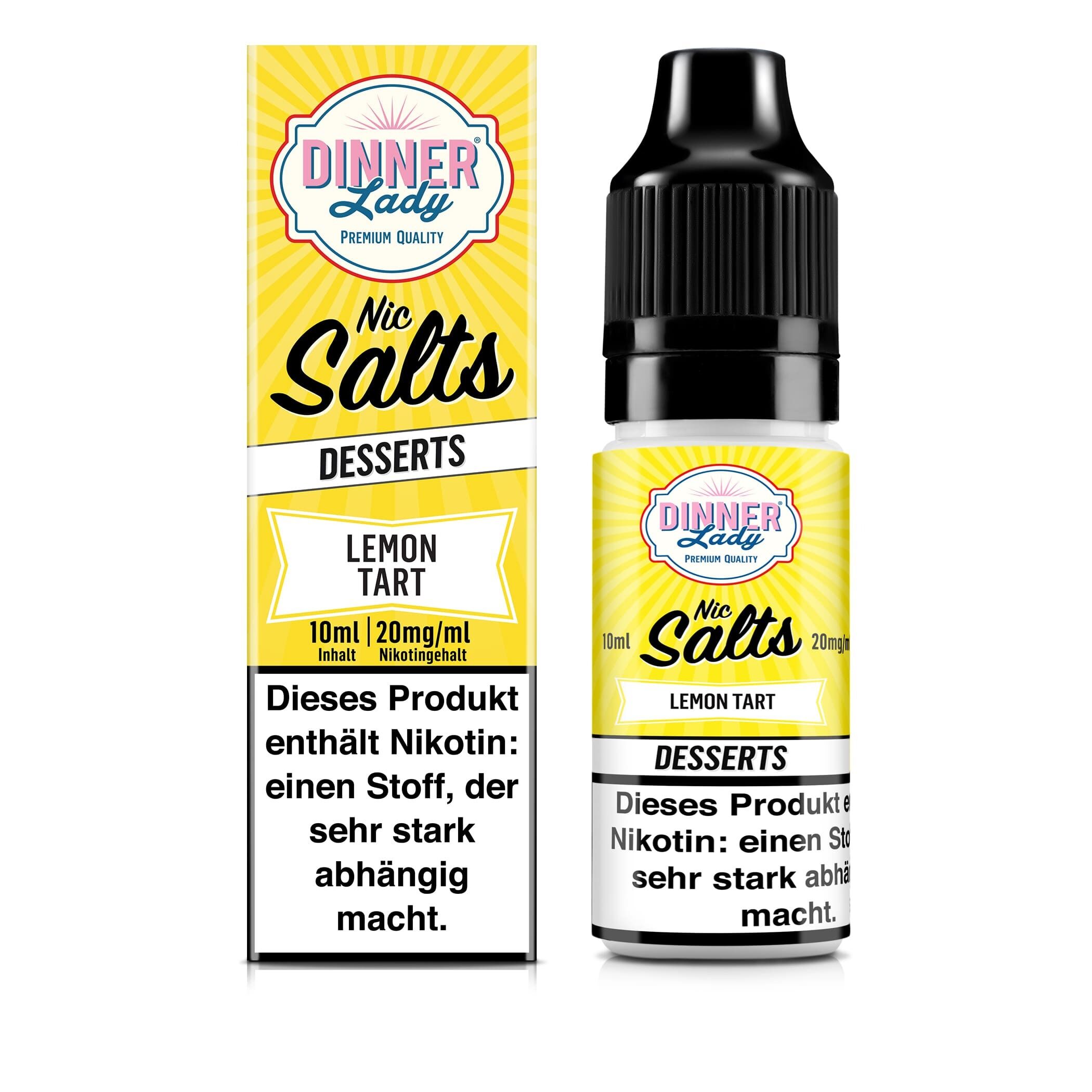 Liquid Lemon Tart von Dinner Lady Dinner Lady Nikotinsalz Lemon Tart 10ml Flasche und Verpackung mit gelbem Design und dem Hinweis auf Nikotinhalt und Suchtgefahr