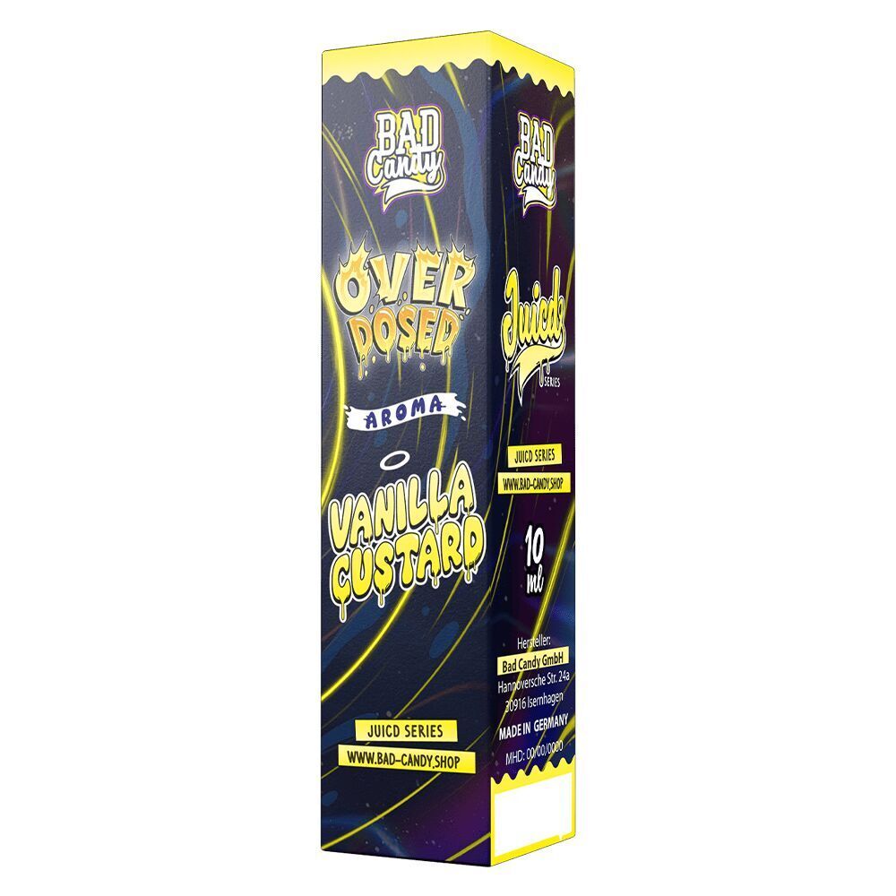 Aroma Vanilla Custard - Bad Candy Overdosed Verpackung des Bad Candy Aroma Vanilla Custard Overdosed, 10 ml, mit markantem gelb-schwarzem Design und Herstellerinformationen.