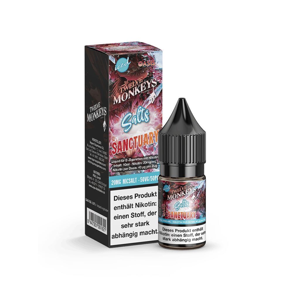 Liquid Sanctuary 20mg - Twelve Monkeys Flasche und Schachtel des E-Zigarettenliquids Twelve Monkeys Salts Sanctuary 20mg mit Hinweis auf Nikotinabhängigkeit.