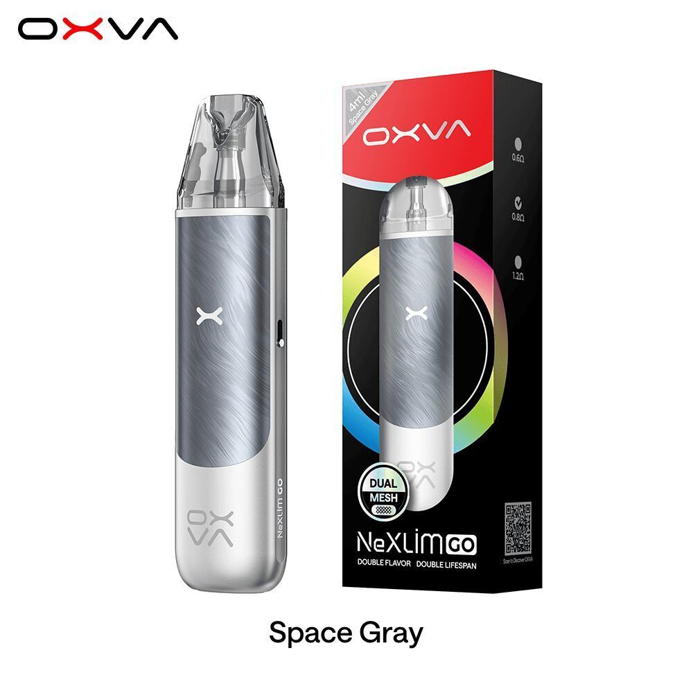 Oxva NeXLIM GO Pod Kit in Space Gray, Vape-Gerät mit transparentem Mundstück, Oxva-Logo, Schachtel mit dual mesh und Farbkreis-Design.