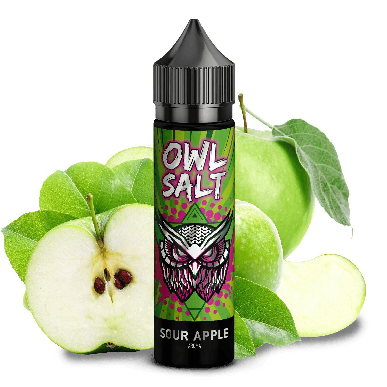 Aroma Sour Apple - Owl Salt Flasche OWL Salt Sour Apple Aroma mit Eulenmotiv vor geschnittenen und ganzen grünen Äpfeln
