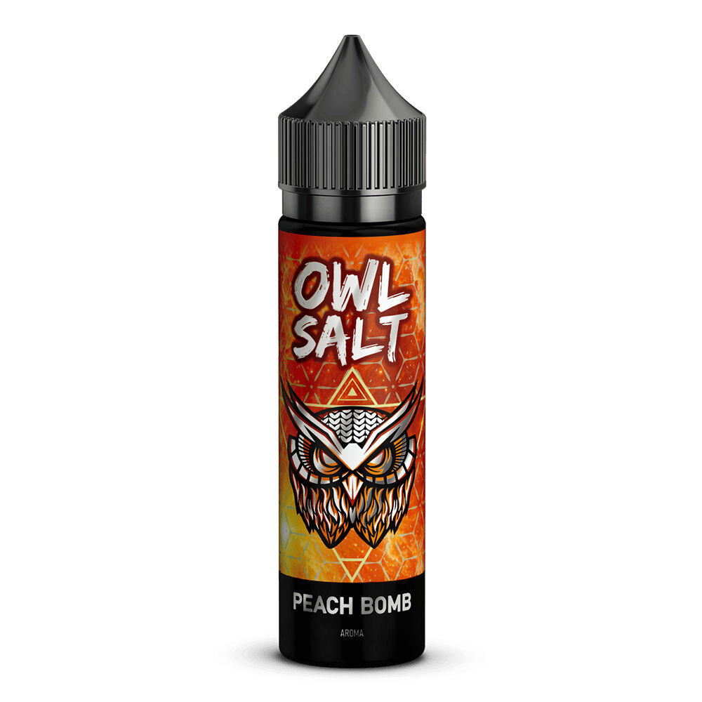 OWL175 Flasche mit orangefarbenem Label, Aufschrift OWL SALT, Pfirsichduft, Eulenlogo, Produktname Peach Bomb Aroma