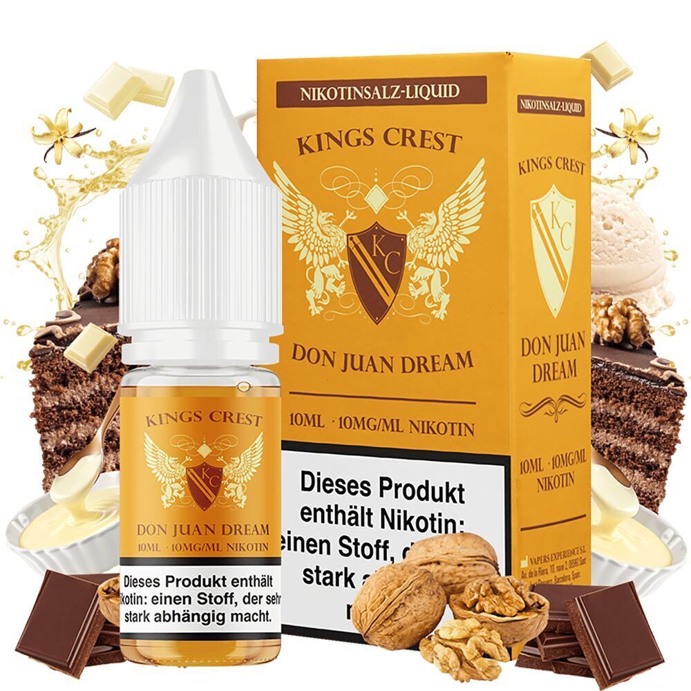Kings Crest Nikotinsalz - Don Juan Dream Flasche und Verpackung von Kings Crest Don Juan Dream Nikotinsalz 10mg, umgeben von Dessertbildern wie Schokolade, Nüssen und Eiscreme