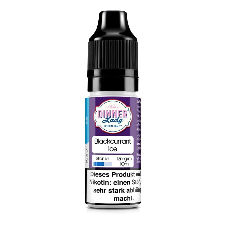 Flasche Dinner Lady Liquid Blackcurrant Ice 12mg mit violettem Etikett und Nikotinwarnung, 10ml-Inhalt, schwarzer Verschluss.