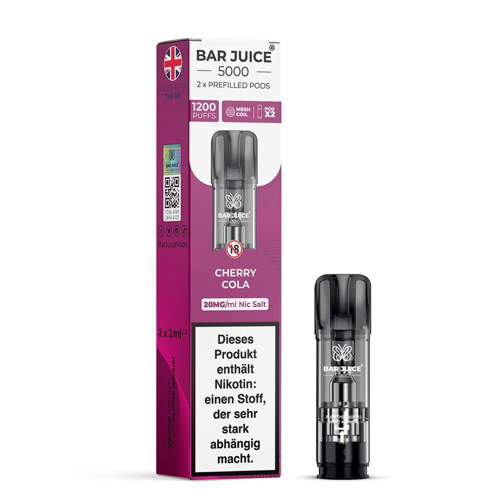Cherry Cola 20mg - Bar Juice 5000 Pods E-Zigaretten-Produkt Bar Juice 5000 Pods Cherry Cola 20mg, Verpackung und Pod sichtbar, Hinweis auf Nikotingehalt, designed in UK.