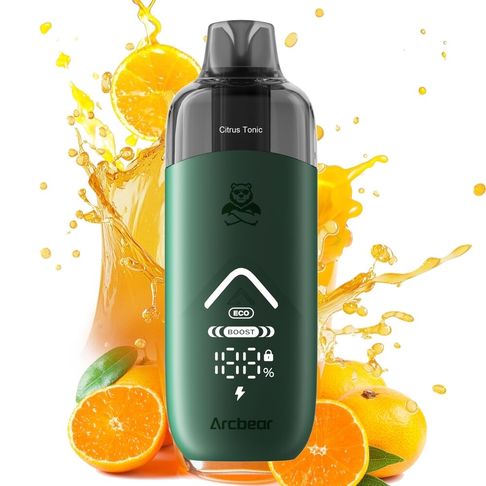Arcbear Pro 15000 Set - Citrus Tonic 20mg Arcbear Pro 15000 Set in grün mit Displayanzeige in Prozenten und Citrus Tonic Schriftzug, spritzende Orangenscheiben im Hintergrund.