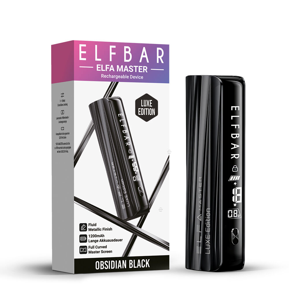 ELFBAR-ELFA-Master-Luxe-Edition-Obsidian-Black Elfbar Elfa Master Luxe Edition, obsidian black, metallic Finish, 1200mAh, gebogenes Display, Verpackung daneben.