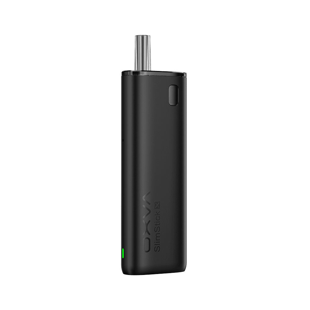 OXVA SlimStick X Pod Kit Schwarzes OXVA SlimStick X Pod Kit mit Metallmundstück und seitlichem Beschriftungslogo, grüner Indikator am unteren Rand.