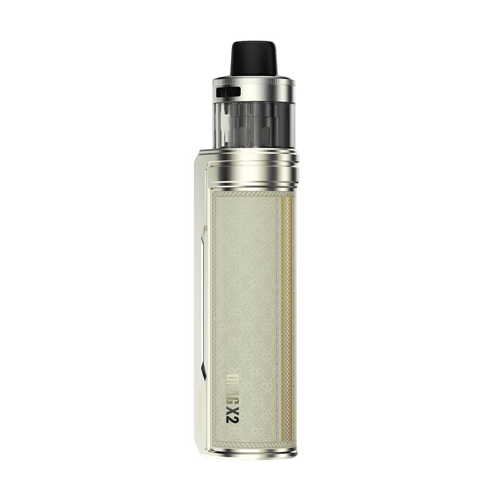 Voopoo Drag X2 Pod Kit in der Farbe Champagne Golden Voopoo Drag X2 Pod Kit in Champagne Golden mit schwarzem Mundstück und eleganter Verzierung auf der Vorderseite.