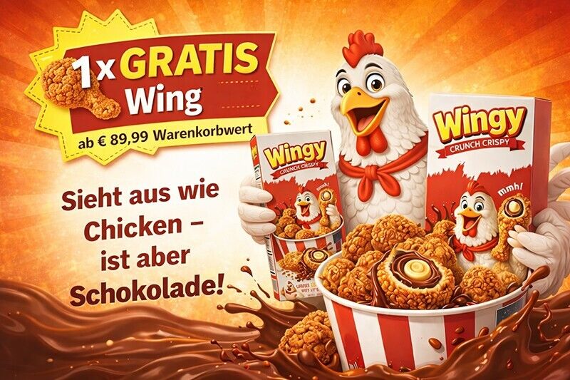 Wingy Crunch Crispy Schokoladenpralinen – Aktion: 1x Gratis Wing ab 89,99 € Warenkorb, täuschend echte Chicken-Optik aus knuspriger Schokolade