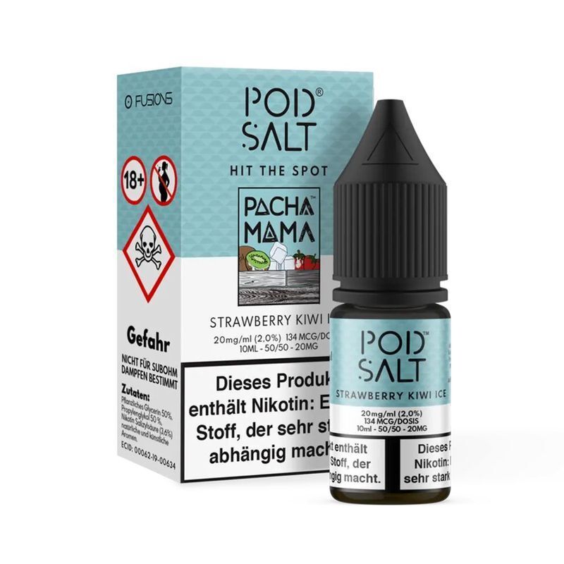 Liquid Strawberry Kiwi Ice mit 20mg Nikotin von Pod Salt Fusion Pod Salt Nikotinsalzflasche und Verpackung mit Strawberry Kiwi Ice-Geschmack, Produktinfo und Warnhinweise sichtbar