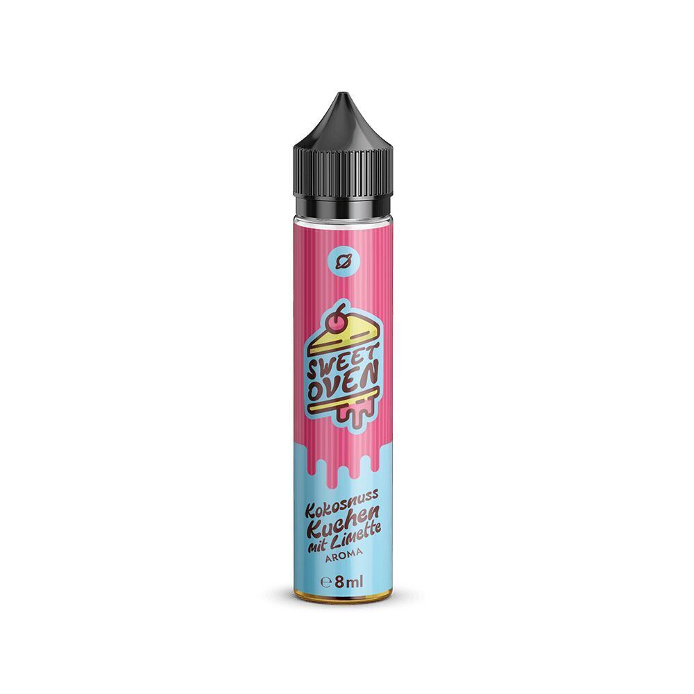 Vape-Flasche mit pink-blauem Etikett und stilisiertem Kuchen-Logo, beschriftet mit „Flavorverse Aroma - Kokosnusskuchen mit Limette“, 8 ml.