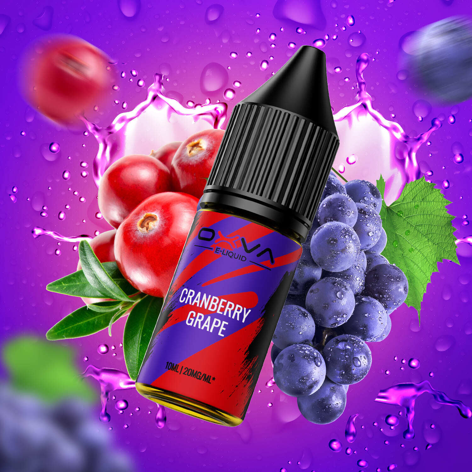 Oxva Nikotinsalzflasche mit Cranberry- und Traubenmotiven auf lila Hintergrund mit Wassertropfen.