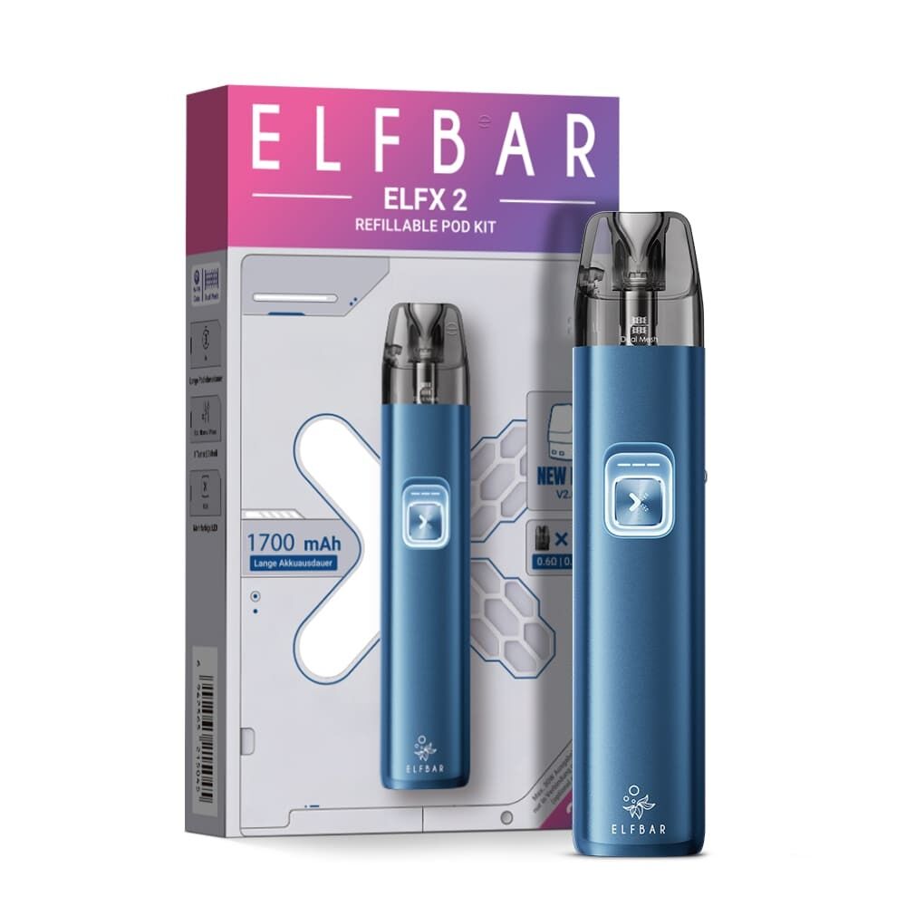 Elfbar Elfx 2 Pod Kit in Ocean Blue zeigt einen blauen Verdampfer mit beleuchtetem Knopf, daneben die Verpackung mit Produktdetails.