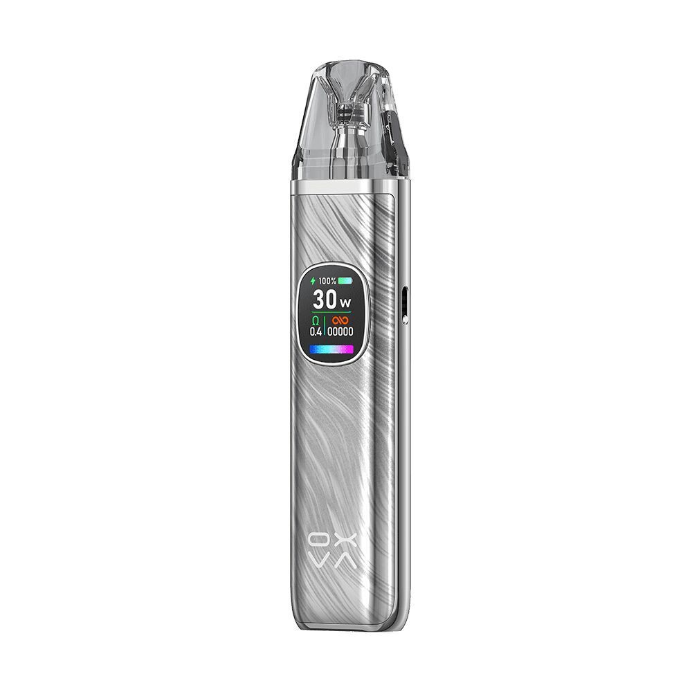 Oxva Xlim Pro 2 Pod Kit in Platinum Gray mit einem Bildschirm, der 30 W anzeigt; strukturiertes Design und „OXVA“-Logo sichtbar.