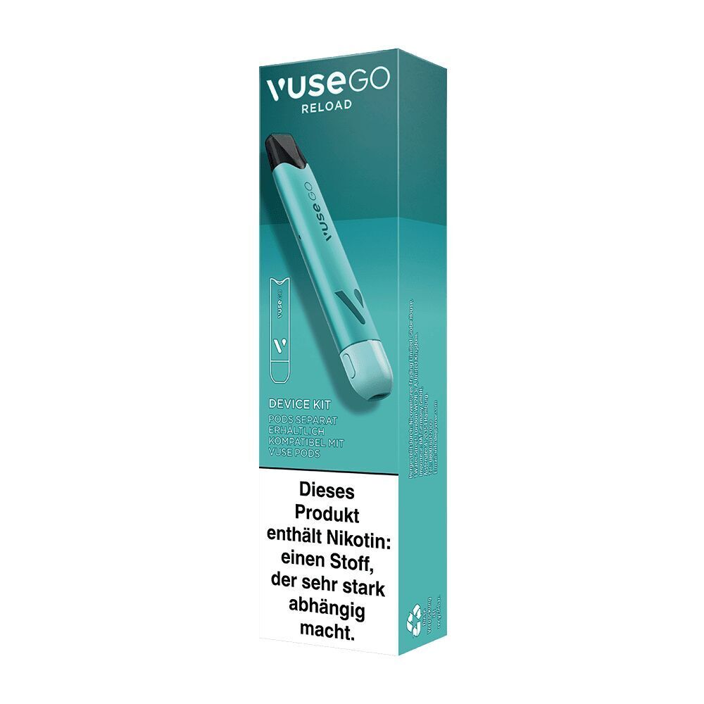 Vuse Go Reload Akku Pen - Aqua Vuse Go Reload Akku Pen in Aqua, in einer Verpackung mit Hinweis: "Dieses Produkt enthält Nikotin: einen Stoff, der sehr stark abhängig macht"