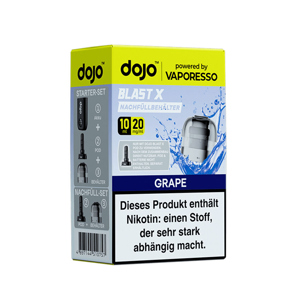 Vaporesso Dojo Blast X Pods - 20mg Nikotinsalz Vaporesso Dojo Blast X Pods Grape 20mg Verpackung mit blauem Wasserspritzer-Design, zeigt Bild eines Nachfüllbehälters, Nikotinwarnung sichtbar.