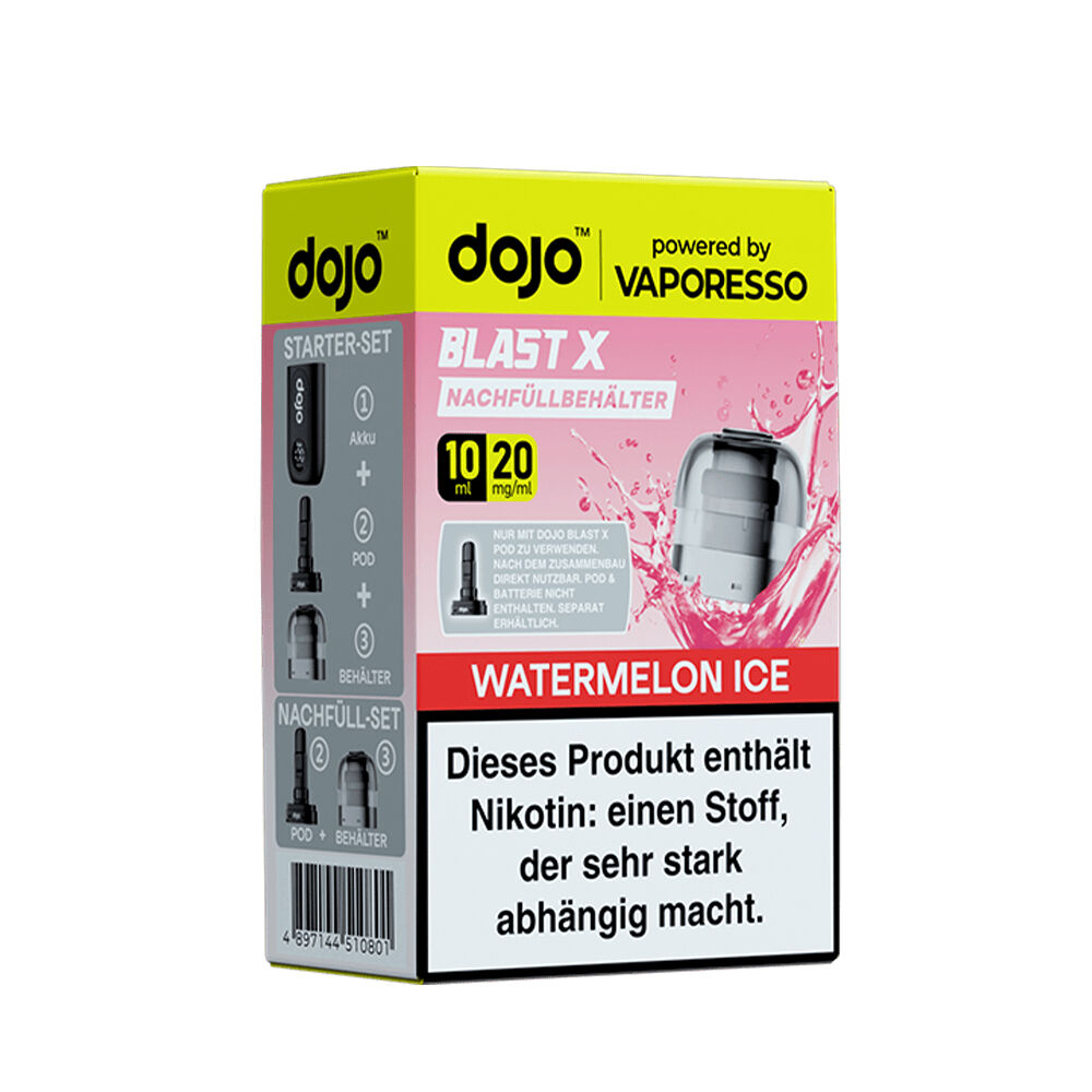 Verpackung der Vaporesso Dojo Blast X Pods Watermelon Ice 20mg, zeigt Nachfüllbehälter-Abbildung und Nikotinwarnung.