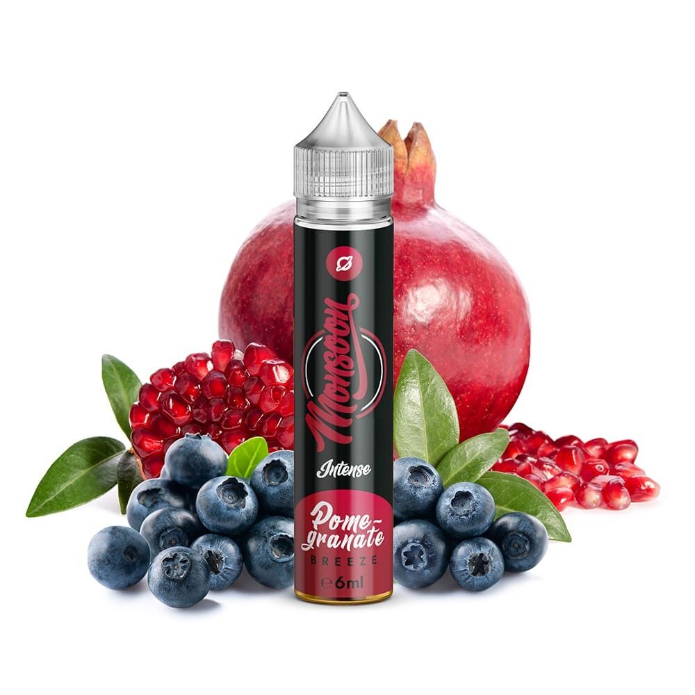 Aroma Promegranate Breeze von Monsoon E-Liquid-Flasche Monsoon Aroma Pomegranate Breeze vor Granatapfel, roten Kernen und Heidelbeeren.