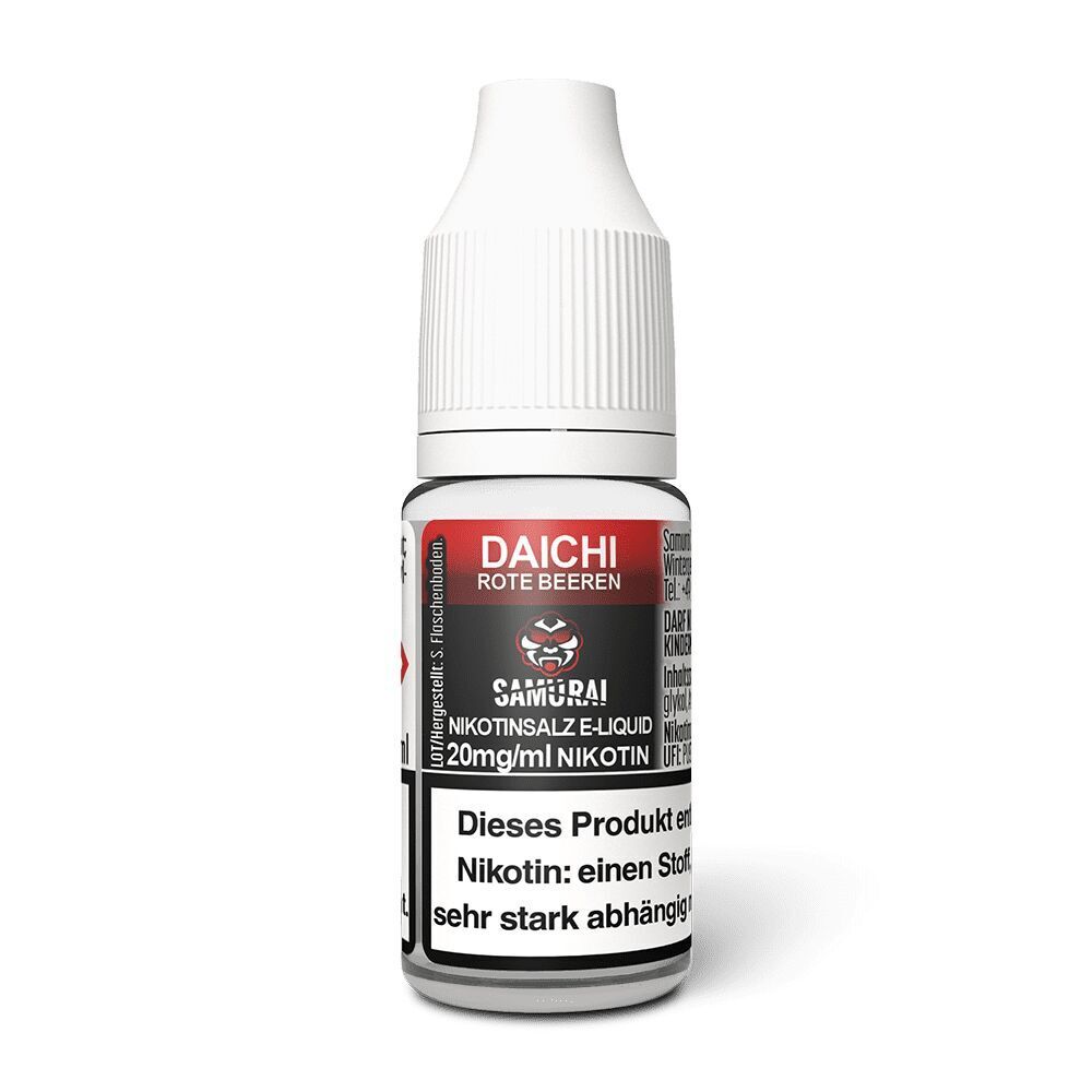Liquid Daichi Rote Beeren 20mg - Samurai Nikotinsalz-Flasche mit Etikett "Daichi Rote Beeren", Samurai-Logo, 20mg/ml Nikotin-Hinweis, Warnung vor Nikotinsucht