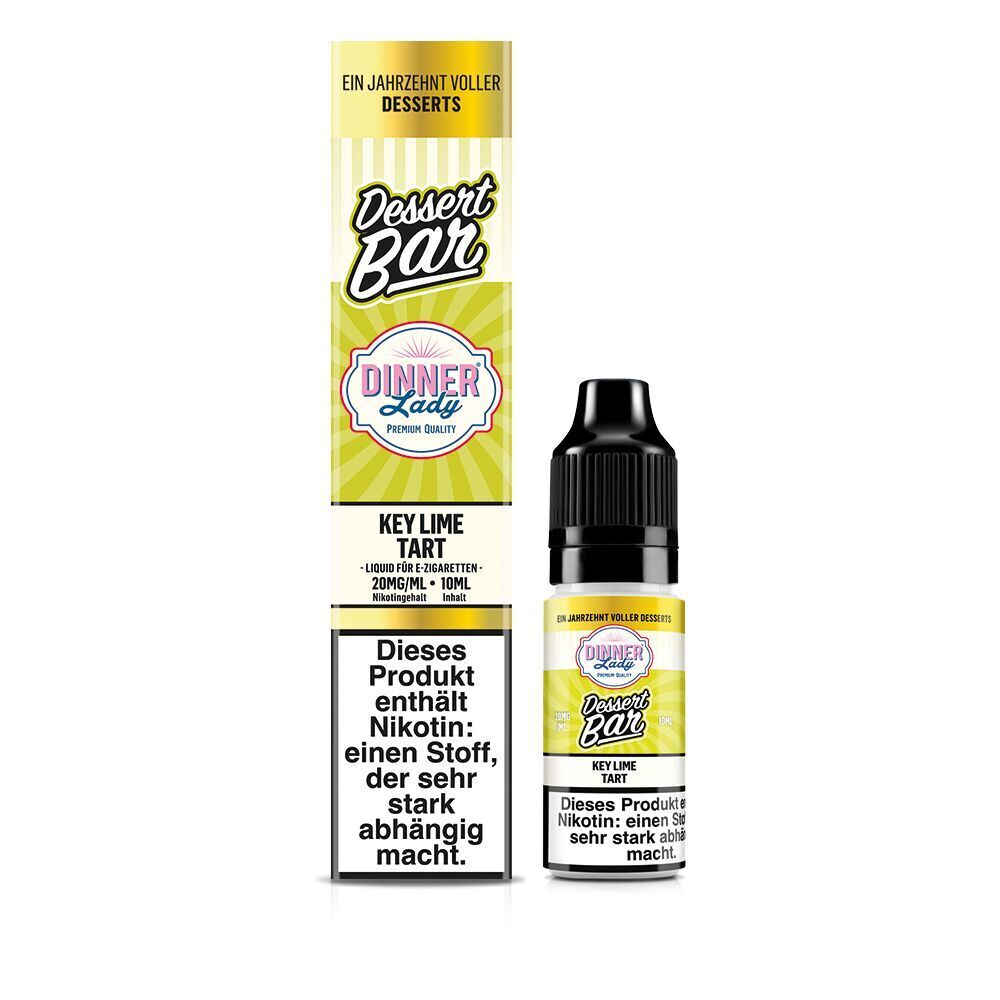 Liquid Key Lime Tart 20mg - Dinner Lady Nikotinsalz Dinner Lady Dessert Bar Nikotinsalz Key Lime Tart 20mg, 10ml Flasche und Packung, enthält Nikotin, Warnhinweis sichtbar