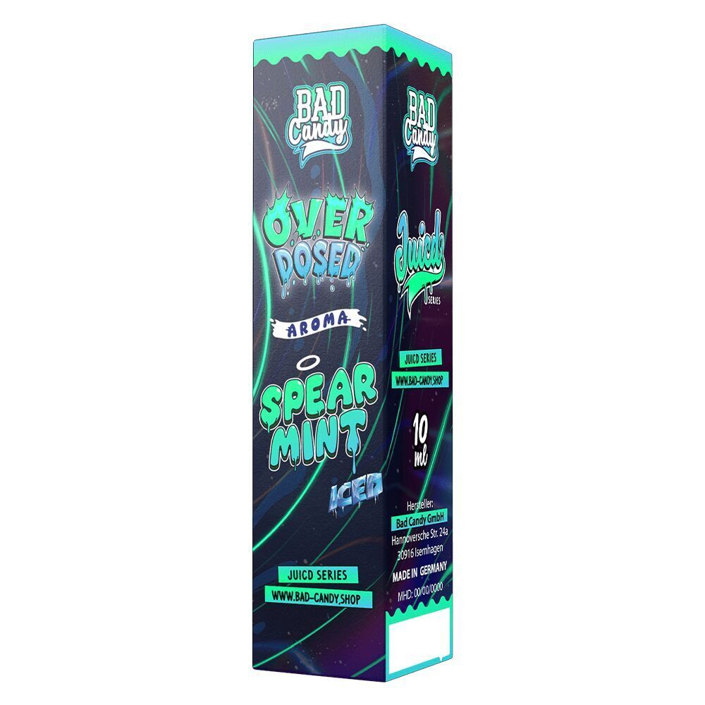 Aroma Spearmint Iced - Bad Candy Overdosed Verpackung des Bad Candy Aroma Spearmint Iced Overdosed, 10 ml, mit blau-grüner Gestaltung, Logos und Herstellerangaben sichtbar