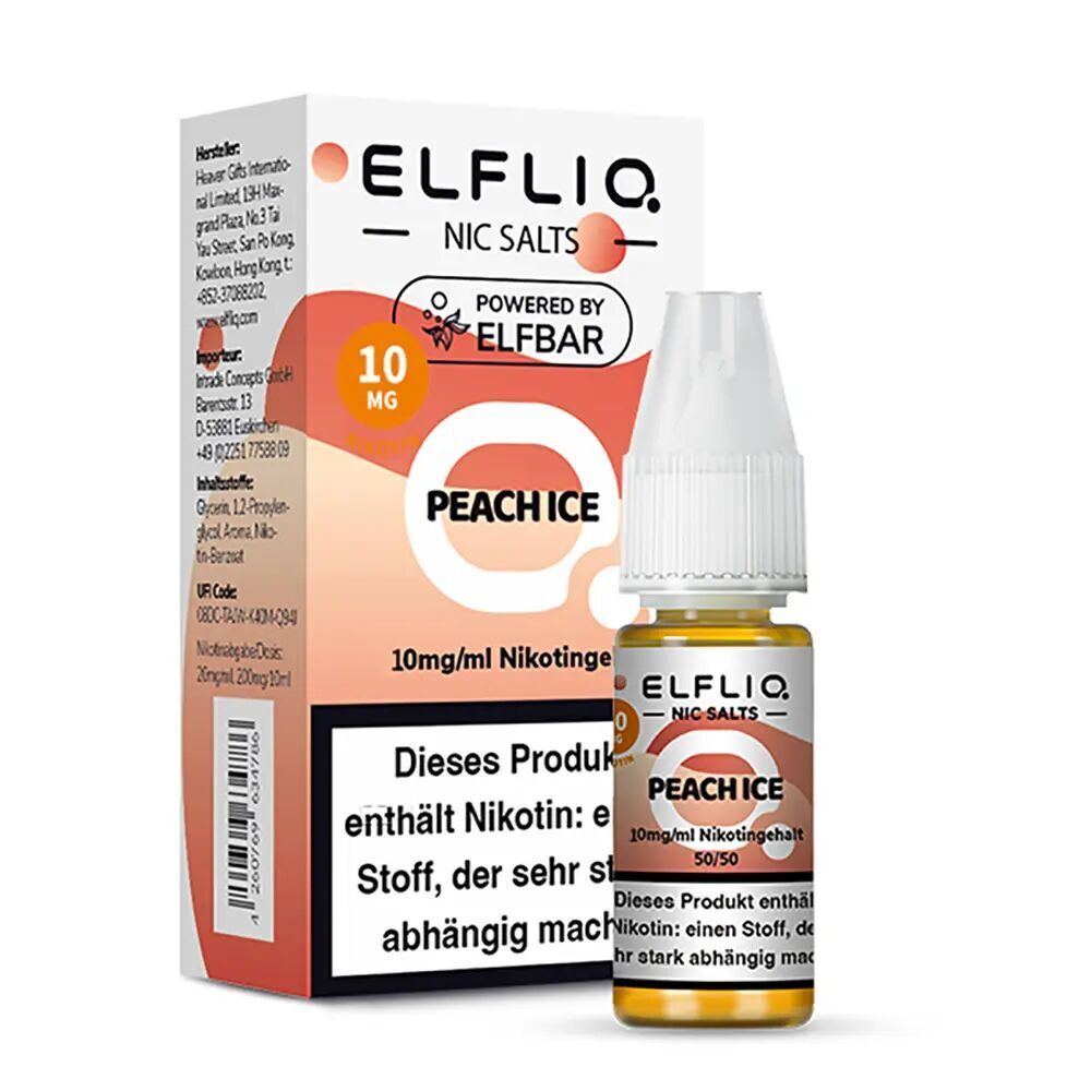 Elfliq Nikotinsalz - Peach Ice 10mg Elfliq Peach Ice Nikotinsalzflasche und Verpackung mit 10mg/ml Nikotingehalt, Markenname deutlich sichtbar, Warnhinweis auf Verpackung.