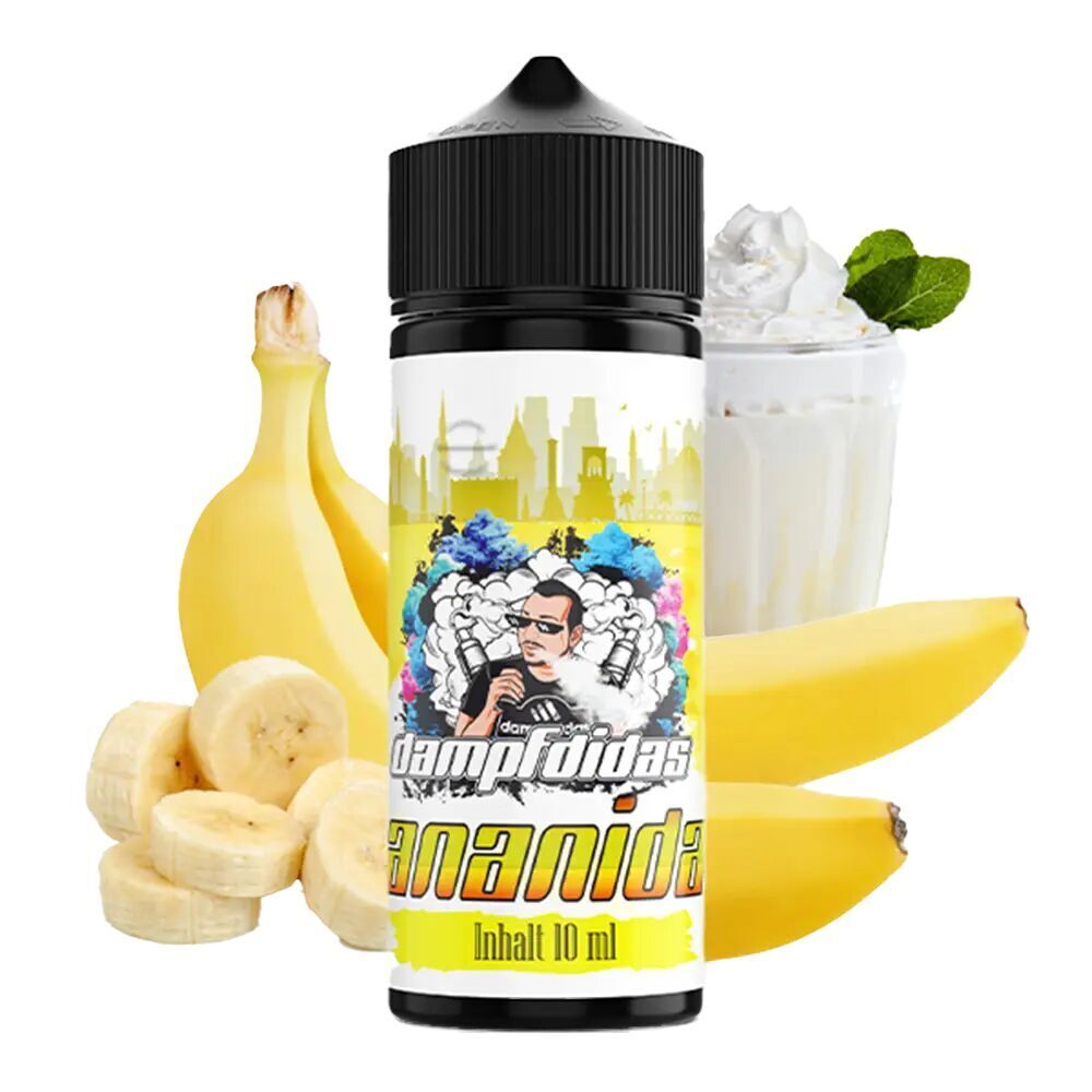 Aroma Bananidas von Dampfdidas Dampfdidas Aroma Bananidas Flasche vor Bananen und Milchshake, Inhalt 10 ml, in lebhaften Farben und Comic-Stil gestaltet