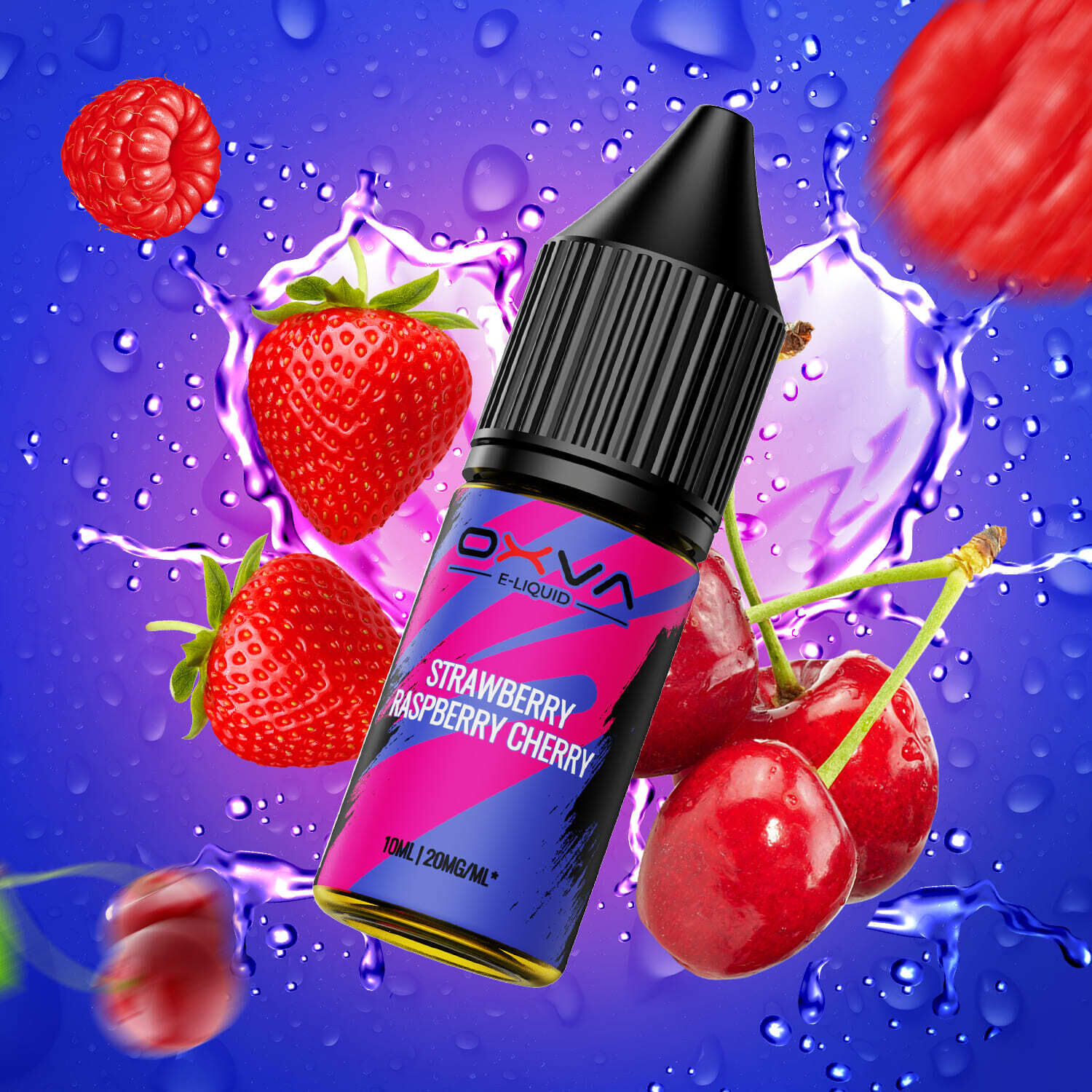 Oxva Nikotinsalz E-Liquid-Flasche mit Erdbeeren, Himbeeren und Kirschen auf einem lila Hintergrund mit Wassertropfen.