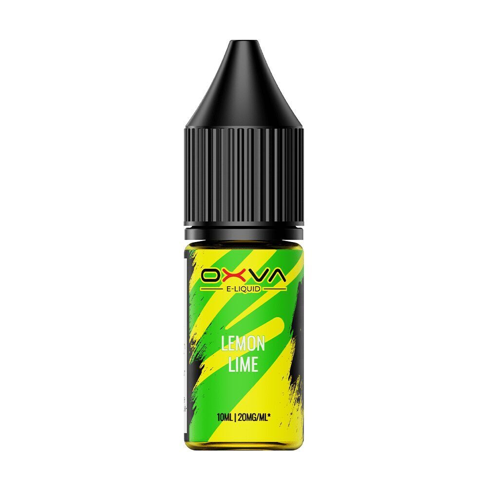 Oxva Nikotinsalzflasche Lemon Lime 20mg mit einem schwarz-gelben Etikett in Grün- und Gelbtönen, intensives Design und 10ml Inhalt