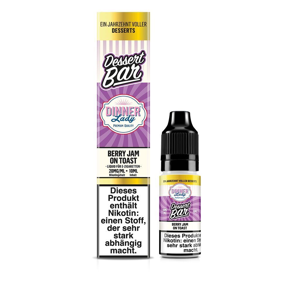 Liquid Berry Jam on Toast 20mg - Dinner Lady Nikotinsalz Dinner Lady Dessert Bar Nikotinsalz Berry Jam on Toast 20mg 10ml Flasche und Verpackung mit Hinweis auf hohen Nikotingehalt