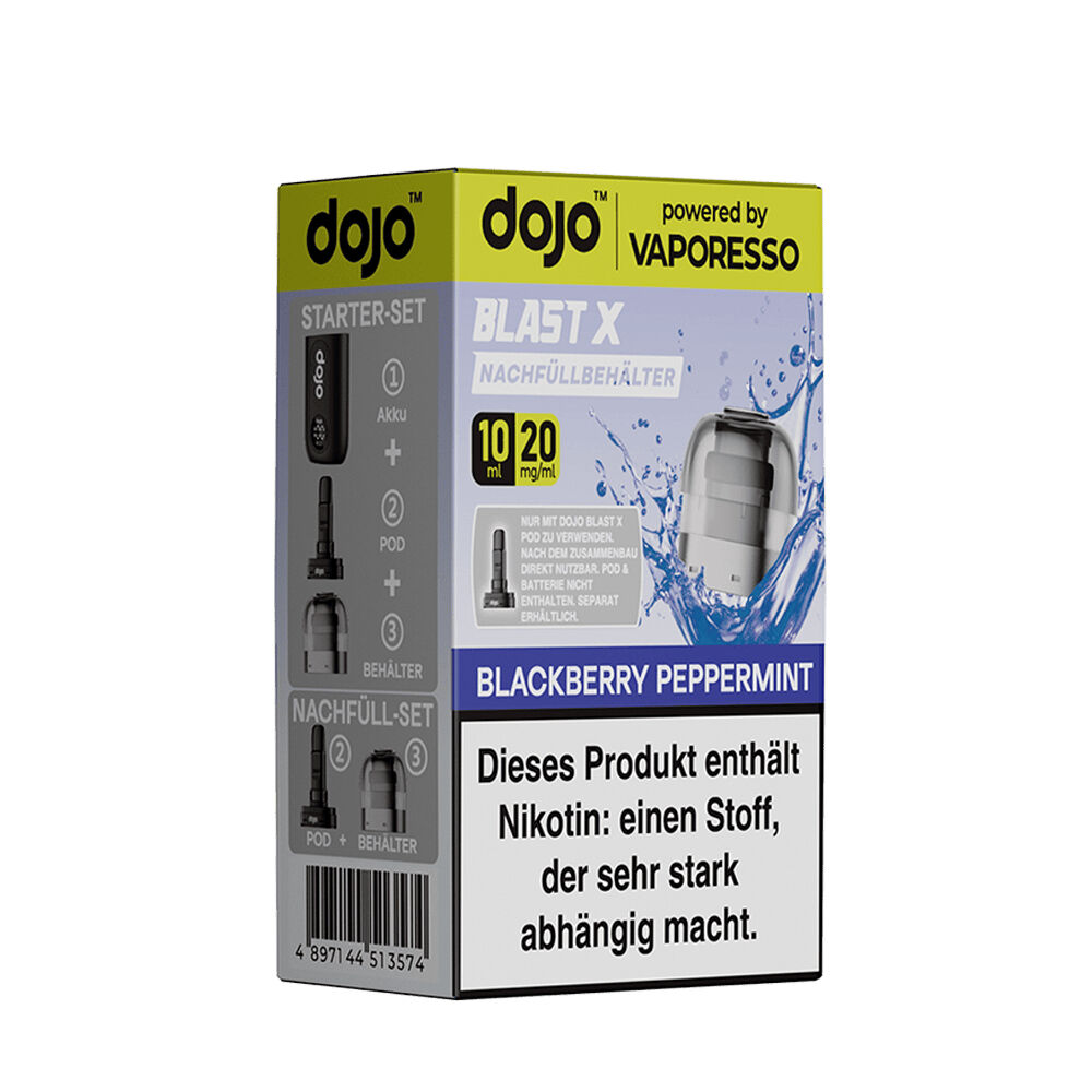 Vaporesso Dojo Blast X Pods - 20mg Nikotinsalz Verpackung der Vaporesso Dojo Blast X Pods in Blackberry Peppermint mit 20 mg Nikotin, Warnhinweis auf gesundheitliche Risiken sichtbar