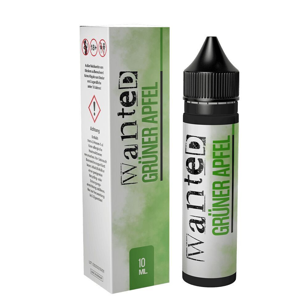 Aroma Grüner Apfel - Wanted E-Liquid Wanted Aroma Grüner Apfel, 10 ml Flasche neben passender Verpackung mit Warnhinweisen und grünem Farbakzent
