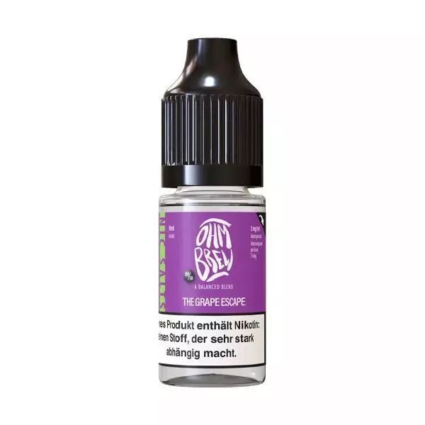 Liquid The Grape Escape von Ohm Brew Eine Flasche Ohm Brew Nikotinsalz E-Liquid mit schwarzem Deckel und lila Etikett mit der Aufschrift "The Grape Escape" und Warnhinweis unten.