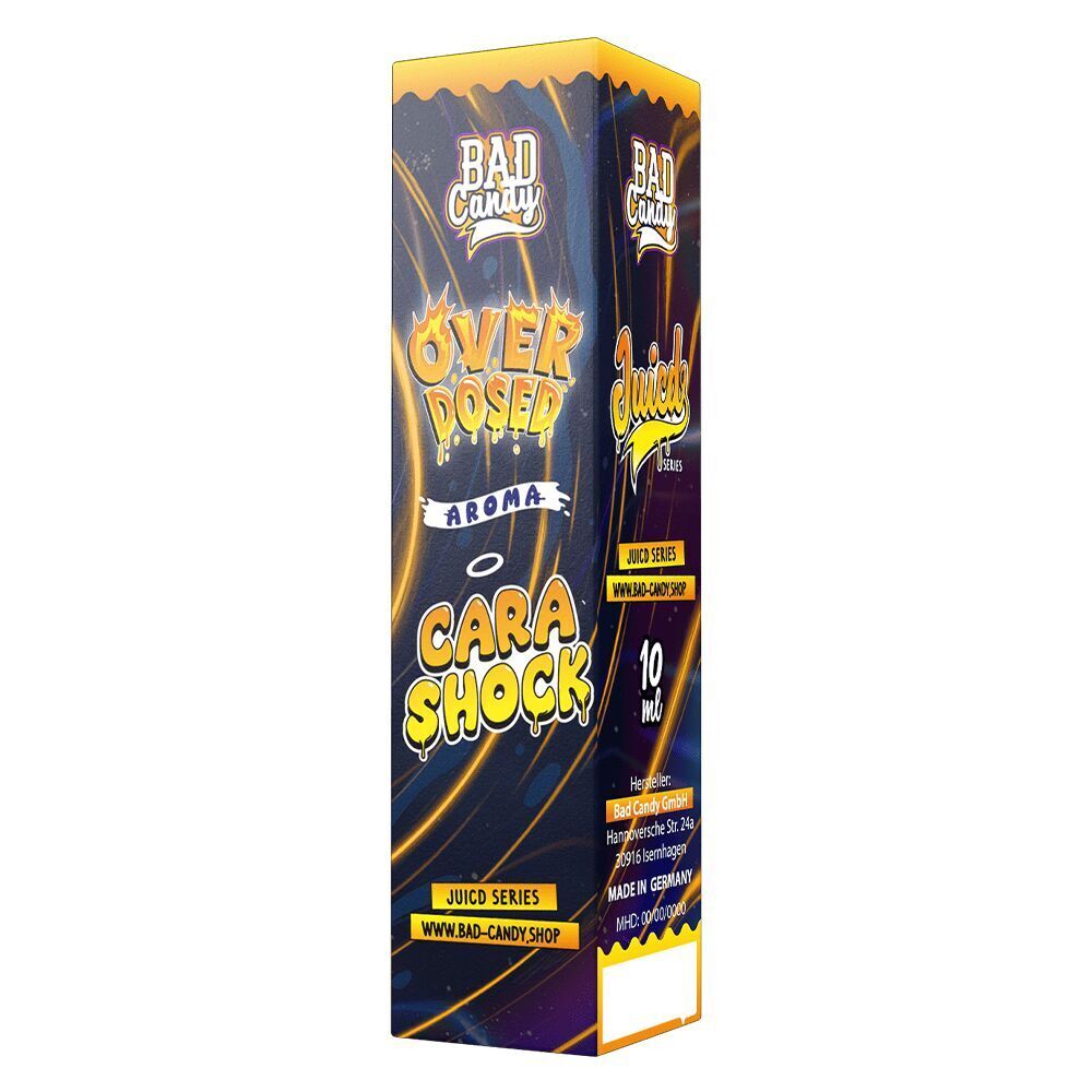 Aroma Cara Shock - Bad Candy Overdosed Verpackung des Bad Candy Aroma Cara Shock Overdosed, 10 ml, blauer Hintergrund mit gelbem und weißem Text, Herstelleradresse sichtbar.