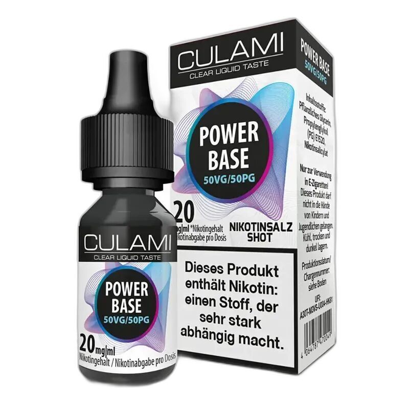 Nikotinsalz Shot 50PG/50VG 20mg - Power Base Flasche und Schachtel von Culami Nikotinsalz Shots 50/50 20mg, schwarzer Verschluss, farbige Grafik, Warnungen auf Schachtel.