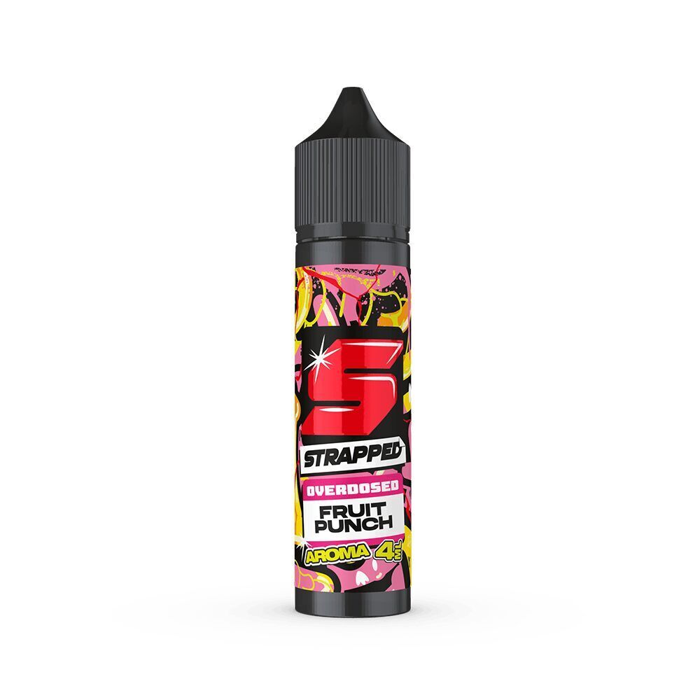Aroma Fruit Punch - Strapped Flasche Strapped Aroma Fruit Punch mit farbenfrohem Etikett, großem roten "S", Beschriftung "OVERDOSED" und "AROMA 4€" darunter