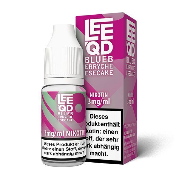 Liquid Crazy Blueberry Cheesecake 3mg - Leeqd Lee QD Liquid - Blueberry Cheesecake E-Liquid mit 3mg/ml Nikotin, Verpackung in Rosa und Weiß mit Warnhinweis über Nikotinsucht.